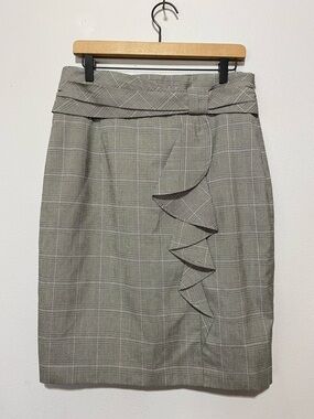 Worthington Glen Plaid 12 Pencil Skirt White Black Gray Ruffle Knee Length